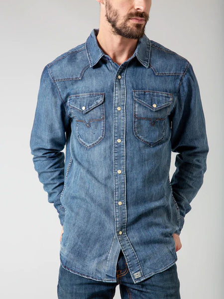 Kimes Ranch GRIMES Mens Long Sleeve Snap Denim Shirt Dark Indigo close up. If you need any assistance with this item or the purchase of this item please call us at five six one seven four eight eight eight zero one Monday through Saturday 10:00a.m EST to 8:00 p.m EST