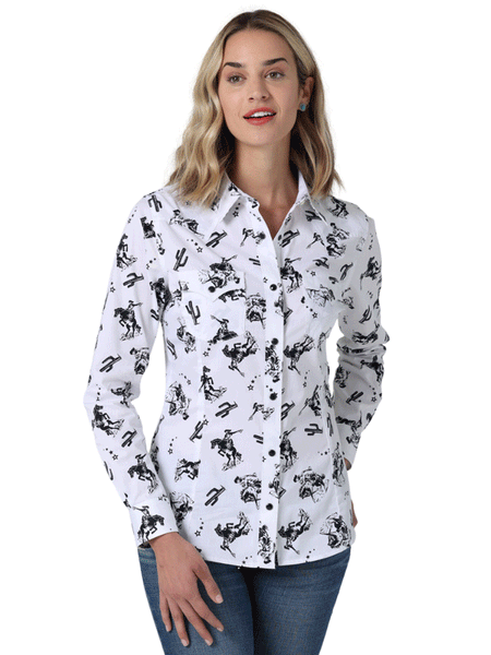 Wrangler 112330046 Womens Retro Western Shirt White front view. If you need any assistance with this item or the purchase of this item please call us at five six one seven four eight eight eight zero one Monday through Saturday 10:00a.m EST to 8:00 p.m EST