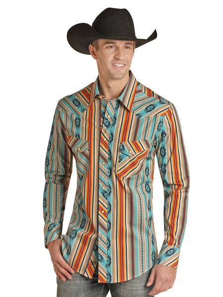 Rock & Roll Denim RRMSOSR095 Mens Aztec Snap Shirt Tan front view. If you need any assistance with this item or the purchase of this item please call us at five six one seven four eight eight eight zero one Monday through Saturday 10:00a.m EST to 8:00 p.m EST