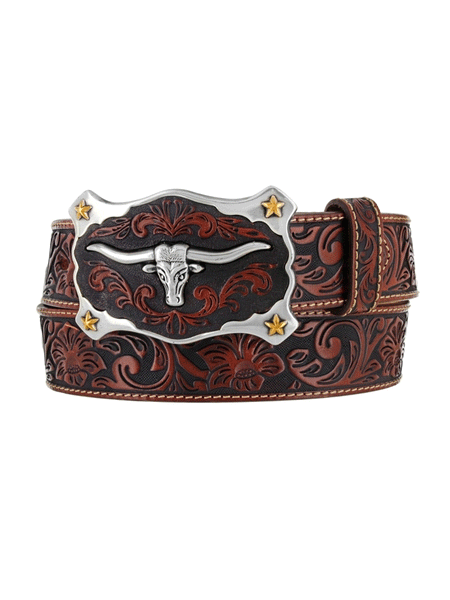 Justin C11194 Mens Classic Longhorn Leather Belt Tan front view. If you need any assistance with this item or the purchase of this item please call us at five six one seven four eight eight eight zero one Monday through Saturday 10:00a.m EST to 8:00 p.m EST