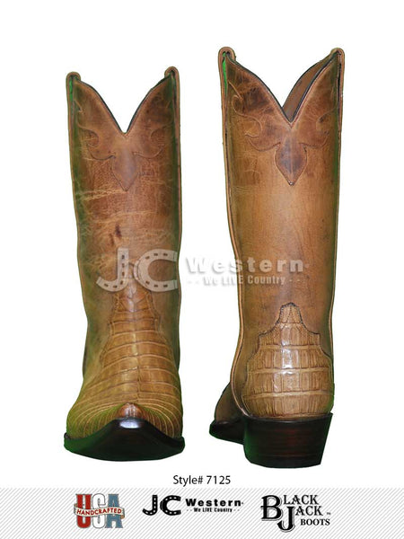 Black Jack 7125 Mens Caiman Belly Triad Boots Saddle Tan front and back view. If you need any assistance with this item or the purchase of this item please call us at five six one seven four eight eight eight zero one Monday through Saturday 10:00a.m EST to 8:00 p.m EST