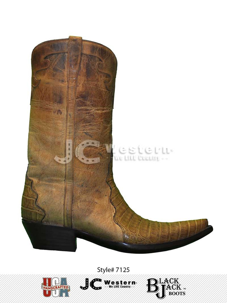 Black Jack 7125 Mens Caiman Belly Triad Boots Saddle Tan side and front view. If you need any assistance with this item or the purchase of this item please call us at five six one seven four eight eight eight zero one Monday through Saturday 10:00a.m EST to 8:00 p.m EST
