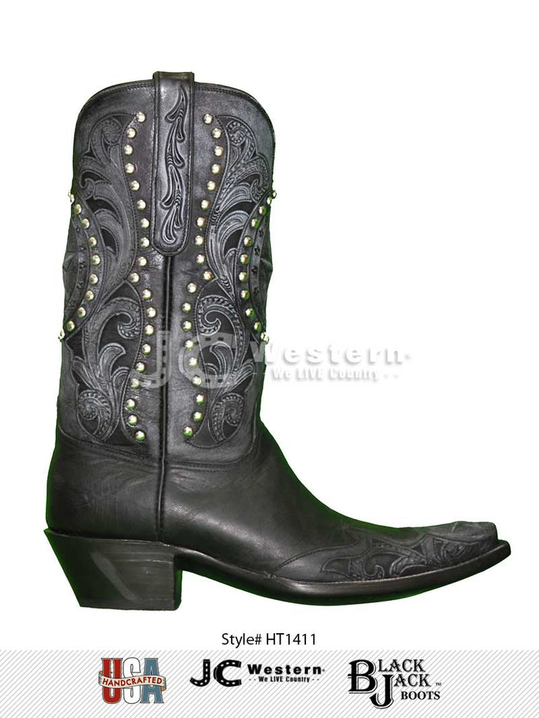 Black Jack HT-1411 Mens Handtooled Vintage Western Boots Black front and inner side view of pair. If you need any assistance with this item or the purchase of this item please call us at five six one seven four eight eight eight zero one Monday through Saturday 10:00a.m EST to 8:00 p.m EST