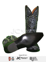 Black Jack HT-1411 Mens Handtooled Vintage Western Boots Black sole and shaft view of pair. If you need any assistance with this item or the purchase of this item please call us at five six one seven four eight eight eight zero one Monday through Saturday 10:00a.m EST to 8:00 p.m EST