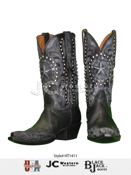 Black Jack HT-1411 Mens Handtooled Vintage Western Boots Black front and inner side view of pair. If you need any assistance with this item or the purchase of this item please call us at five six one seven four eight eight eight zero one Monday through Saturday 10:00a.m EST to 8:00 p.m EST