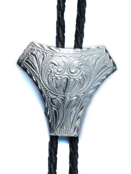 Double S 22150 Western Scroll Bolo Tie Silver front view close up. If you need any assistance with this item or the purchase of this item please call us at five six one seven four eight eight eight zero one Monday through Saturday 10:00a.m EST to 8:00 p.m EST