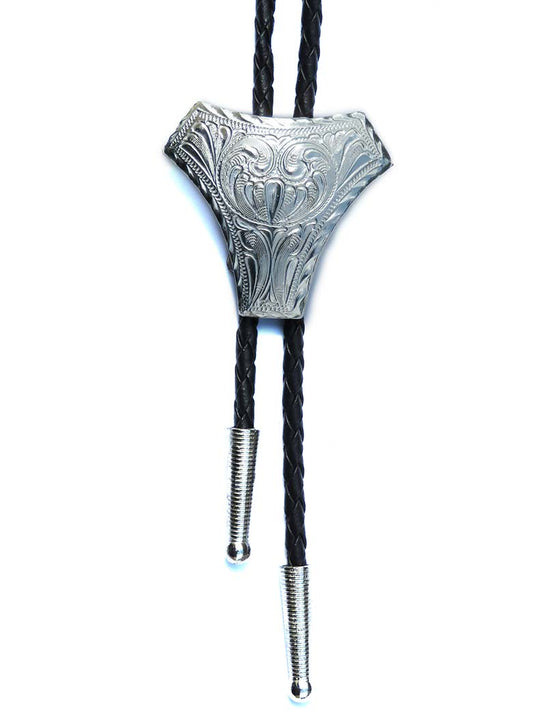 Double S 22150 Western Scroll Bolo Tie Silver front view with tips. If you need any assistance with this item or the purchase of this item please call us at five six one seven four eight eight eight zero one Monday through Saturday 10:00a.m EST to 8:00 p.m EST