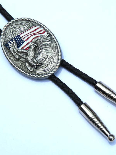 Double S 22612 Eagle with USA Flag Oval Bolo Tie Silver close up. If you need any assistance with this item or the purchase of this item please call us at five six one seven four eight eight eight zero one Monday through Saturday 10:00a.m EST to 8:00 p.m EST