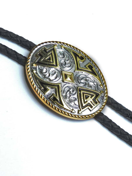 Double S 22732 Aztec Oval Concho Bolo Tie Silver front and side view. If you need any assistance with this item or the purchase of this item please call us at five six one seven four eight eight eight zero one Monday through Saturday 10:00a.m EST to 8:00 p.m EST