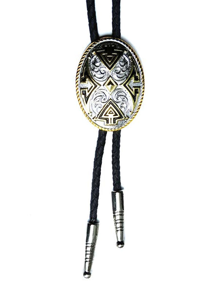 Double S 22732 Aztec Oval Concho Bolo Tie Silver front view of concho and tips. If you need any assistance with this item or the purchase of this item please call us at five six one seven four eight eight eight zero one Monday through Saturday 10:00a.m EST to 8:00 p.m EST