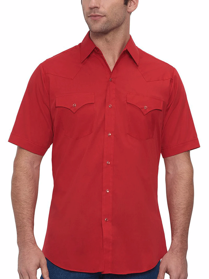 Ely Cattleman 15201605-70 Mens Short Sleeve Solid Western Shirt Red front view tucked in. If you need any assistance with this item or the purchase of this item please call us at five six one seven four eight eight eight zero one Monday through Saturday 10:00a.m EST to 8:00 p.m EST
