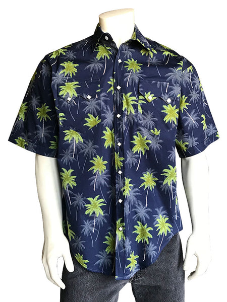 Rockmount 1642 Mens Palm Tree Short Sleeve Hawaiian Western Shirt Navy front view. If you need any assistance with this item or the purchase of this item please call us at five six one seven four eight eight eight zero one Monday through Saturday 10:00a.m EST to 8:00 p.m EST