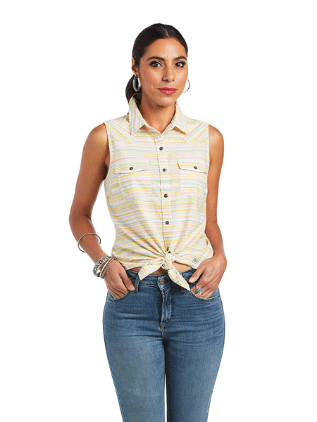 Ariat 10040509 Womens Sleeveless Jasmine Shirt Yarn Dye Jacquard Stripe front view tie front view. If you need any assistance with this item or the purchase of this item please call us at five six one seven four eight eight eight zero one Monday through Saturday 10:00a.m EST to 8:00 p.m EST