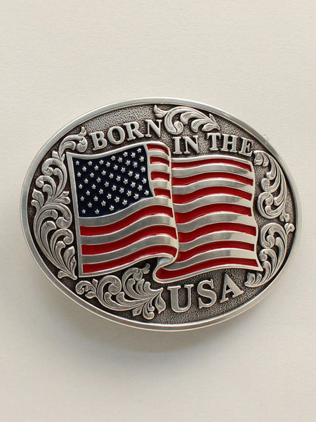 Nocona 37594 Mens Oval Smooth Edge Flag Born In USA Buckle front view. If you need any assistance with this item or the purchase of this item please call us at five six one seven four eight eight eight zero one Monday through Saturday 10:00a.m EST to 8:00 p.m EST