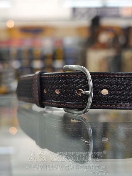 Gingerich 8883-28 Mens Timeless Basketweave Leather Belt Brown buckle close up view. If you need any assistance with this item or the purchase of this item please call us at five six one seven four eight eight eight zero one Monday through Saturday 10:00a.m EST to 8:00 p.m EST