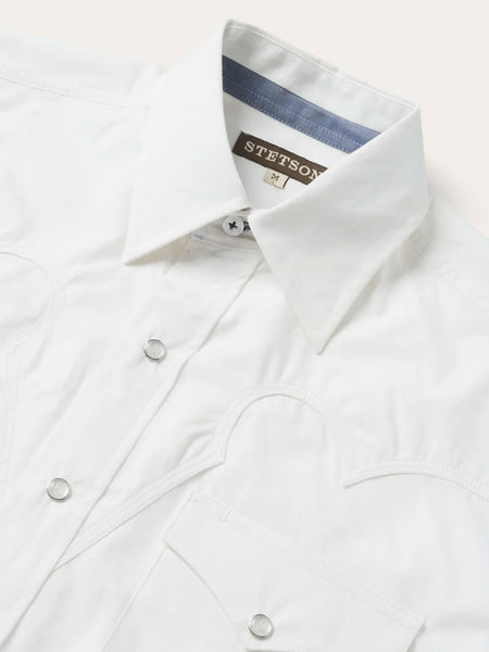 Stetson 11-001-0465-9354 Mens Classic Snap Shirt Optic White close up. If you need any assistance with this item or the purchase of this item please call us at five six one seven four eight eight eight zero one Monday through Saturday 10:00a.m EST to 8:00 p.m EST