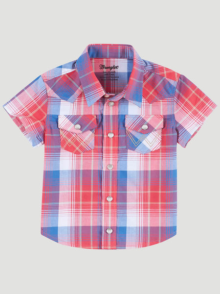 Wrangler 112315082 Infants Short Sleeve Western Snap Plaid Shirt Red Cherry front view. If you need any assistance with this item or the purchase of this item please call us at five six one seven four eight eight eight zero one Monday through Saturday 10:00a.m EST to 8:00 p.m EST