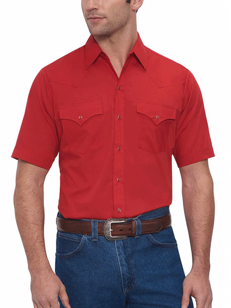 Ely Cattleman 15201605-70 Mens Short Sleeve Solid Western Shirt Red front view tucked in. If you need any assistance with this item or the purchase of this item please call us at five six one seven four eight eight eight zero one Monday through Saturday 10:00a.m EST to 8:00 p.m EST