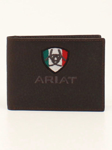 Ariat A35493282 Mens Bifold Wallet Mexico Flag Logo Brown Rowdy front view. If you need any assistance with this item or the purchase of this item please call us at five six one seven four eight eight eight zero one Monday through Saturday 10:00a.m EST to 8:00 p.m EST