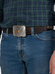 Vintage Bison VB-8101 Mens Texas Leather Belt Dark Brown on model. If you need any assistance with this item or the purchase of this item please call us at five six one seven four eight eight eight zero one Monday through Saturday 10:00a.m EST to 8:00 p.m EST