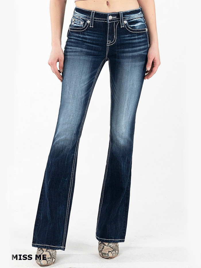 Miss Me M3937B Womens Mid-Rise Bootcut Jeans Dark Blue pocket view. If you need any assistance with this item or the purchase of this item please call us at five six one seven four eight eight eight zero one Monday through Saturday 10:00a.m EST to 8:00 p.m EST