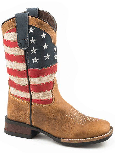 Roper 09-018-0912-2567 Kids Patriotism Tan Oiled Leather Vamp Boot Brown side view. If you need any assistance with this item or the purchase of this item please call us at five six one seven four eight eight eight zero one Monday through Saturday 10:00a.m EST to 8:00 p.m EST