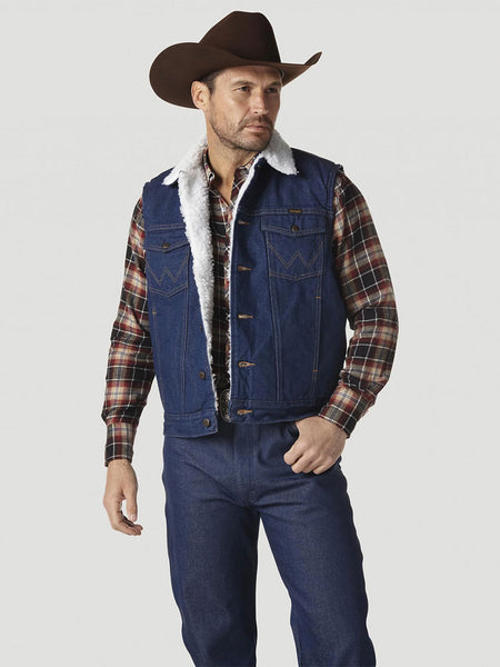 Wrangler 74131PW Mens Sherpa Lined Denim Vest Prewashed front view. If you need any assistance with this item or the purchase of this item please call us at five six one seven four eight eight eight zero one Monday through Saturday 10:00a.m EST to 8:00 p.m EST