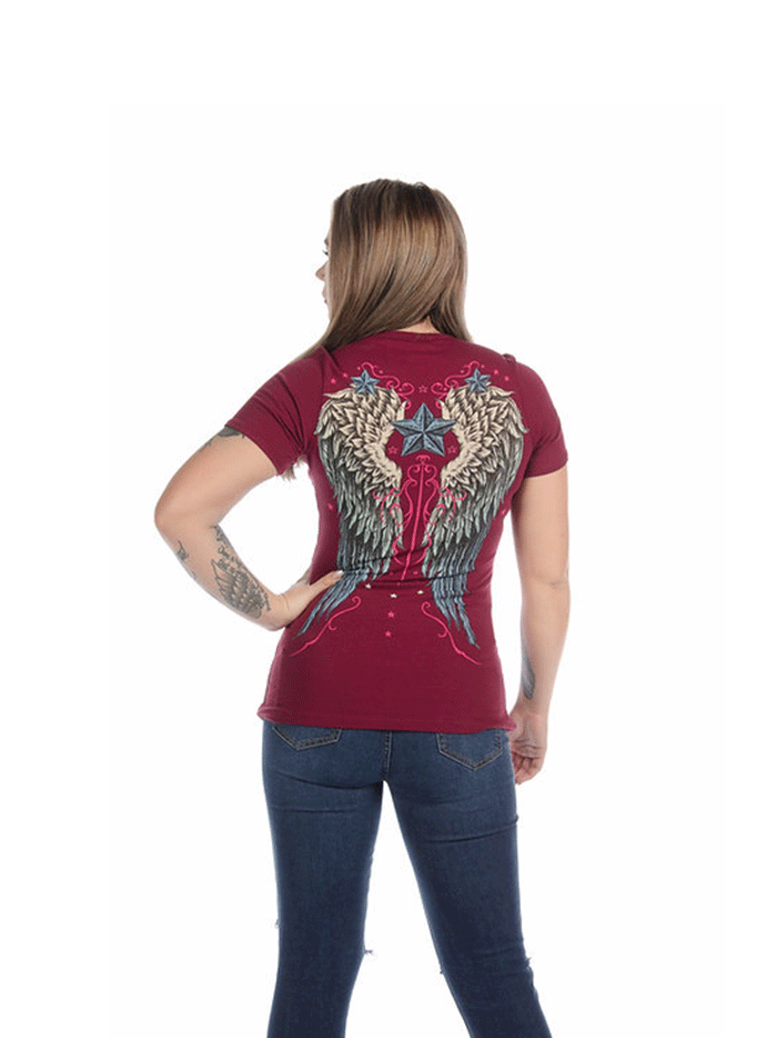 Liberty Wear 7154 Womens Vintage Wings & Stars Graphic Top Burgundy front view. If you need any assistance with this item or the purchase of this item please call us at five six one seven four eight eight eight zero one Monday through Saturday 10:00a.m EST to 8:00 p.m EST