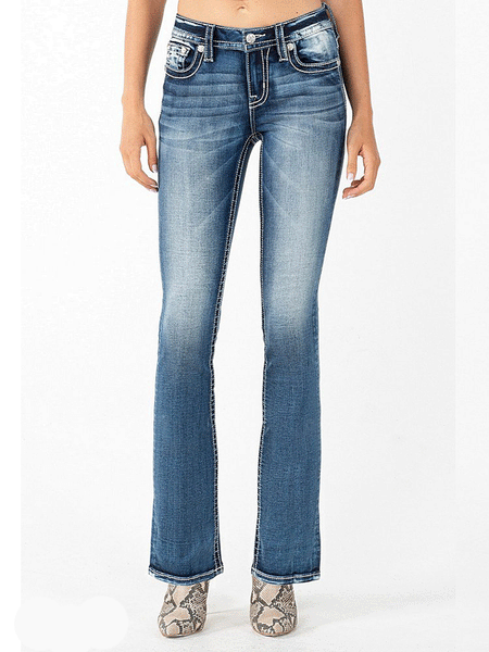 Miss Me M3849B Womens US Flag Pocket Mid-Rise Bootcut Jean Dark Blue front view. If you need any assistance with this item or the purchase of this item please call us at five six one seven four eight eight eight zero one Monday through Saturday 10:00a.m EST to 8:00 p.m EST