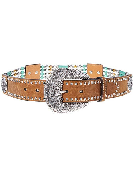 Nocona N3412744 Womens Beads & Floral Concho Western Belt Brown front view. If you need any assistance with this item or the purchase of this item please call us at five six one seven four eight eight eight zero one Monday through Saturday 10:00a.m EST to 8:00 p.m EST