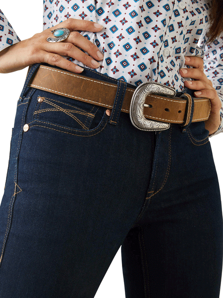 Ariat 10042224 Womens REAL Perfect Rise Ella Straight Jean Rinse front view close up. If you need any assistance with this item or the purchase of this item please call us at five six one seven four eight eight eight zero one Monday through Saturday 10:00a.m EST to 8:00 p.m EST
