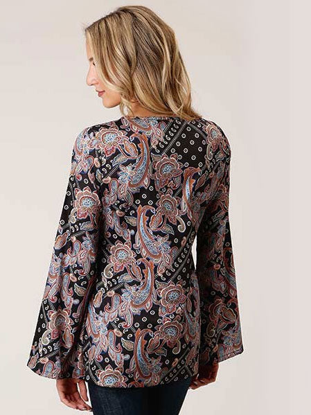 Roper 03-050-0590-1033 Womens Boho Paisley Print Poly Crepe Blouse Black back view. If you need any assistance with this item or the purchase of this item please call us at five six one seven four eight eight eight zero one Monday through Saturday 10:00a.m EST to 8:00 p.m EST