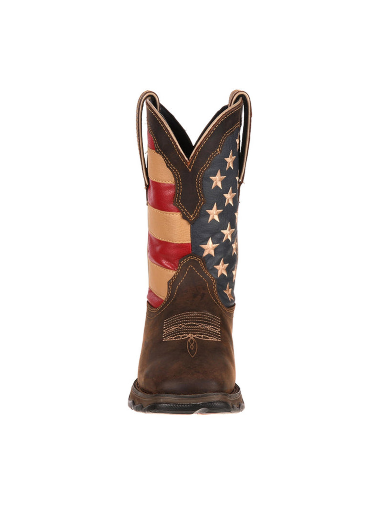 Durango RD4414 Womens Patriotic Pull-On Flag Western Boots front back and side view. If you need any assistance with this item or the purchase of this item please call us at five six one seven four eight eight eight zero one Monday through Saturday 10:00a.m EST to 8:00 p.m EST