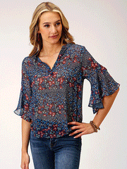Roper 03-051-0590-3011 Womens Ditzy Floral Print Blouse Blue front view. If you need any assistance with this item or the purchase of this item please call us at five six one seven four eight eight eight zero one Monday through Saturday 10:00a.m EST to 8:00 p.m EST