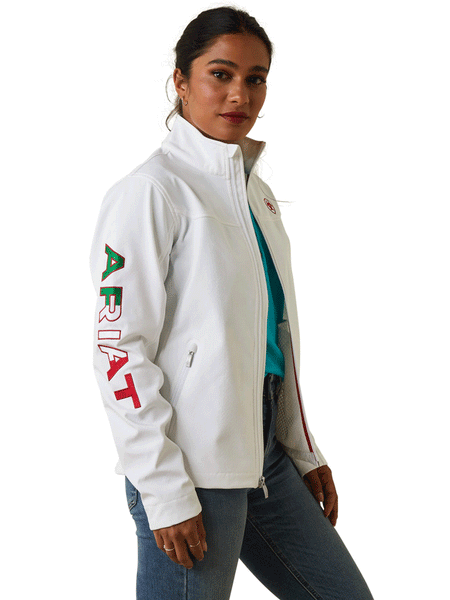 Ariat 10043548 Womens Classic Team Softshell MEXICO Jacket White front and side view. If you need any assistance with this item or the purchase of this item please call us at five six one seven four eight eight eight zero one Monday through Saturday 10:00a.m EST to 8:00 p.m EST