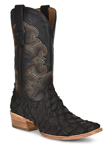 Corral A4339 Mens Pirarucu Fish Embroidery Boot Black side and front view. If you need any assistance with this item or the purchase of this item please call us at five six one seven four eight eight eight zero one Monday through Saturday 10:00a.m EST to 8:00 p.m EST
