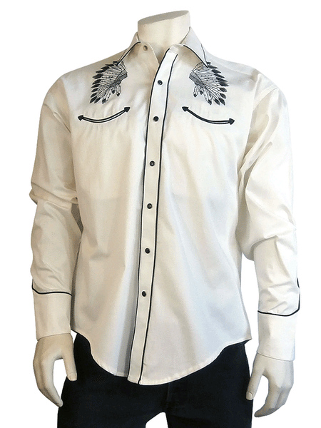 Rockmount 6874 Mens Gabardine Warbonnet Embroidery Western Shirt Ivory front view. If you need any assistance with this item or the purchase of this item please call us at five six one seven four eight eight eight zero one Monday through Saturday 10:00a.m EST to 8:00 p.m EST