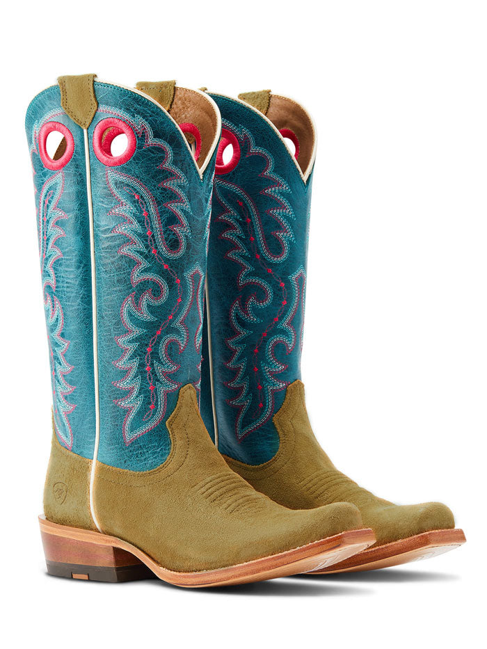 Ariat 10044403 Womens Futurity Boon Western Boot Buckskin Roughout side and front view. If you need any assistance with this item or the purchase of this item please call us at five six one seven four eight eight eight zero one Monday through Saturday 10:00a.m EST to 8:00 p.m EST
