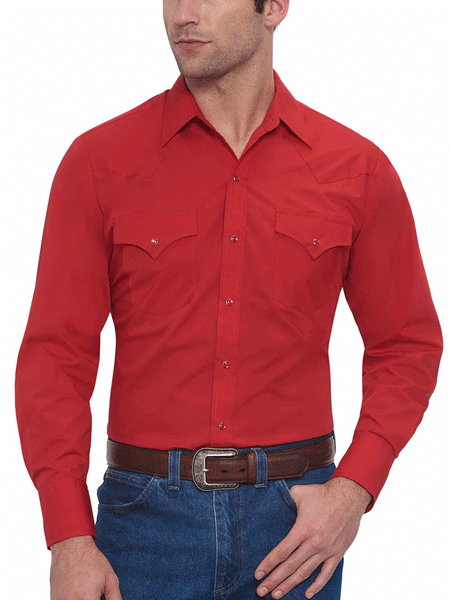 Ely Cattleman 15201905-70 Mens Long Sleeve Solid Western Shirt Red front view tucked in. If you need any assistance with this item or the purchase of this item please call us at five six one seven four eight eight eight zero one Monday through Saturday 10:00a.m EST to 8:00 p.m EST