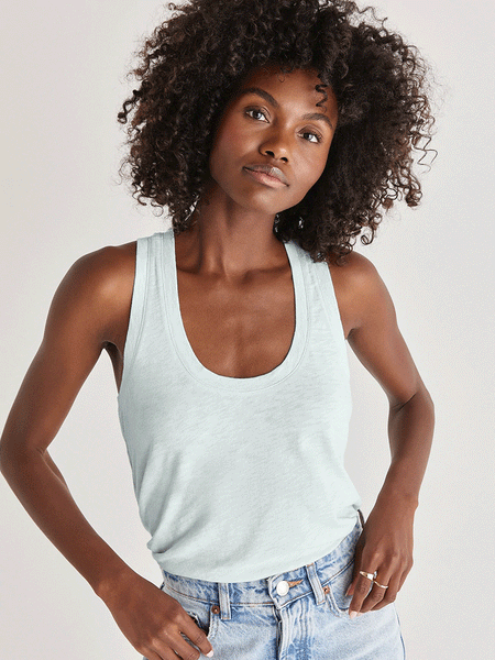 Z Supply  ZT221145-SKI Womens Relaxed Slub Tank Skylight front view tucked in. If you need any assistance with this item or the purchase of this item please call us at five six one seven four eight eight eight zero one Monday through Saturday 10:00a.m EST to 8:00 p.m EST