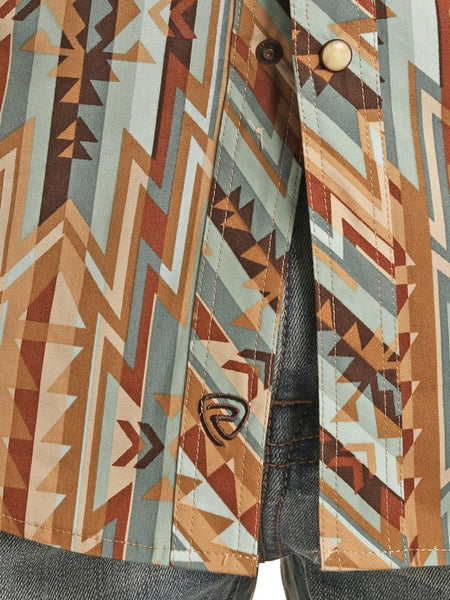Rock & Roll Denim RRMSOSR09J Mens Aztec Stripe Long Sleeve Snap Shirt Brown close up. If you need any assistance with this item or the purchase of this item please call us at five six one seven four eight eight eight zero one Monday through Saturday 10:00a.m EST to 8:00 p.m EST