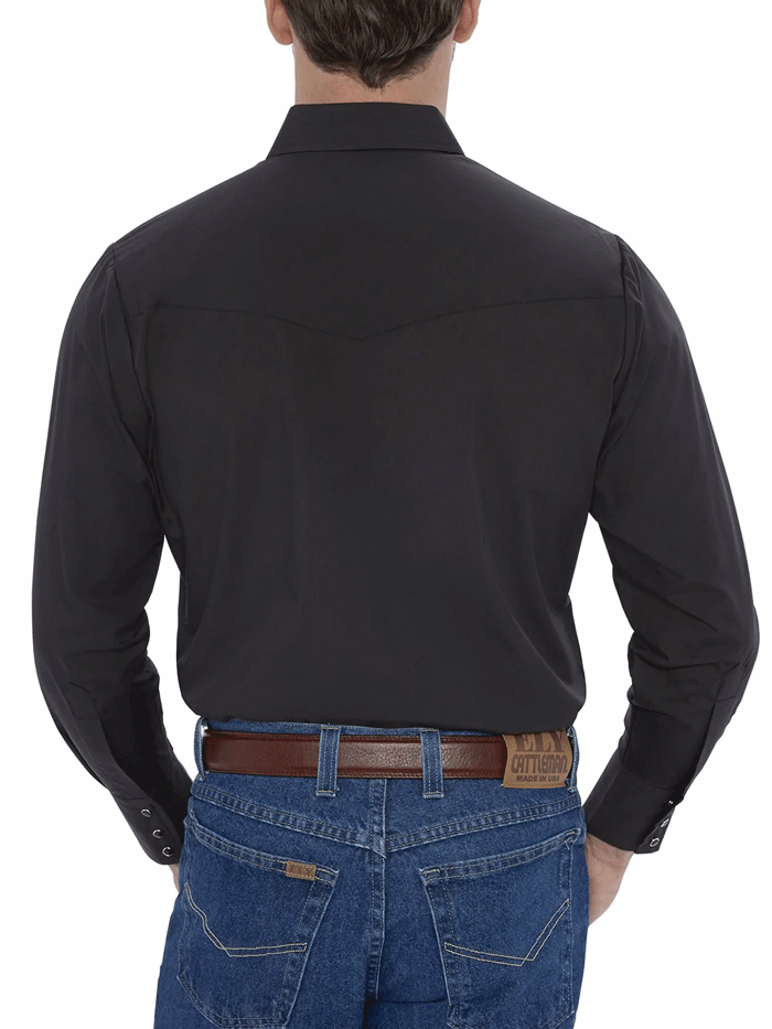 Ely Cattleman 15201905-89 Mens Long Sleeve Solid Western Shirt Black front view tucked in. If you need any assistance with this item or the purchase of this item please call us at five six one seven four eight eight eight zero one Monday through Saturday 10:00a.m EST to 8:00 p.m EST