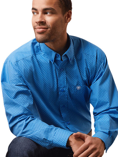 Ariat 10043770 Mens Lloyd Classic Fit Shirt Blue front close up. If you need any assistance with this item or the purchase of this item please call us at five six one seven four eight eight eight zero one Monday through Saturday 10:00a.m EST to 8:00 p.m EST