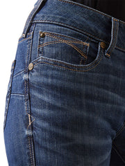 Ariat 10043146 Womens REAL Perfect Rise Leila Boot Cut Jean Irvine close up of front pocket. If you need any assistance with this item or the purchase of this item please call us at five six one seven four eight eight eight zero one Monday through Saturday 10:00a.m EST to 8:00 p.m EST