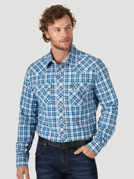 Wrangler 112318744 Mens Retro Long Sleeve Shirt True Blue front view. If you need any assistance with this item or the purchase of this item please call us at five six one seven four eight eight eight zero one Monday through Saturday 10:00a.m EST to 8:00 p.m EST