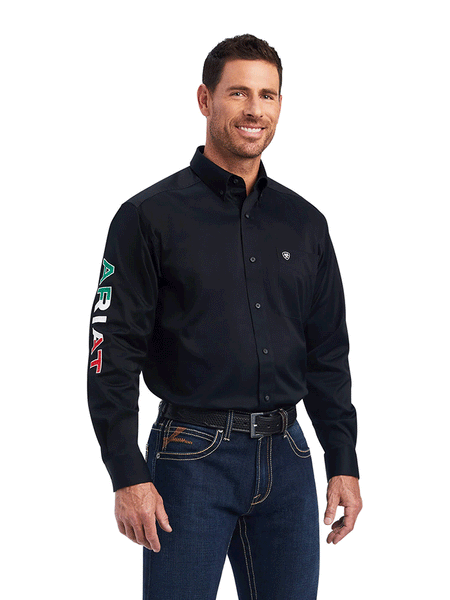 Ariat 10038500 Mens Team Logo Twill Classic Fit Shirt Mexico Black front view. If you need any assistance with this item or the purchase of this item please call us at five six one seven four eight eight eight zero one Monday through Saturday 10:00a.m EST to 8:00 p.m EST