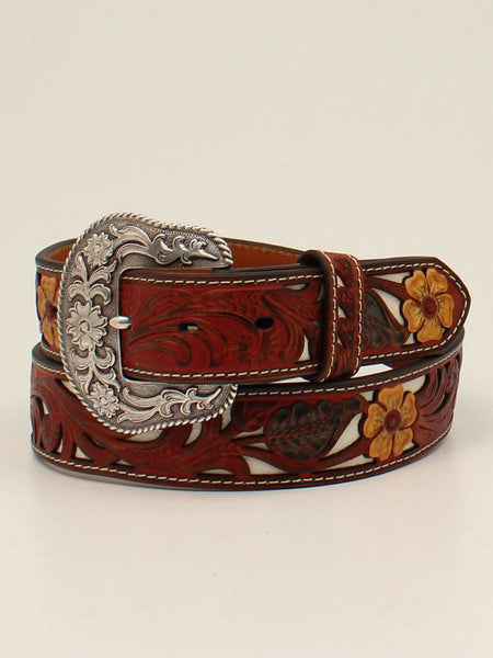 Nocona N320003504 Ladies Flower Embossed Overlay Belt Red front view