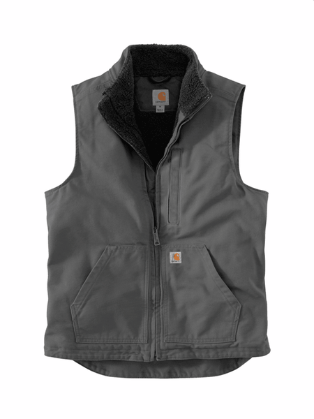 Carhartt 104277-GVL Mens Loose Fit Washed Duck Sherpa Lined Mock Neck Vest Gravel front view. If you need any assistance with this item or the purchase of this item please call us at five six one seven four eight eight eight zero one Monday through Saturday 10:00a.m EST to 8:00 p.m EST