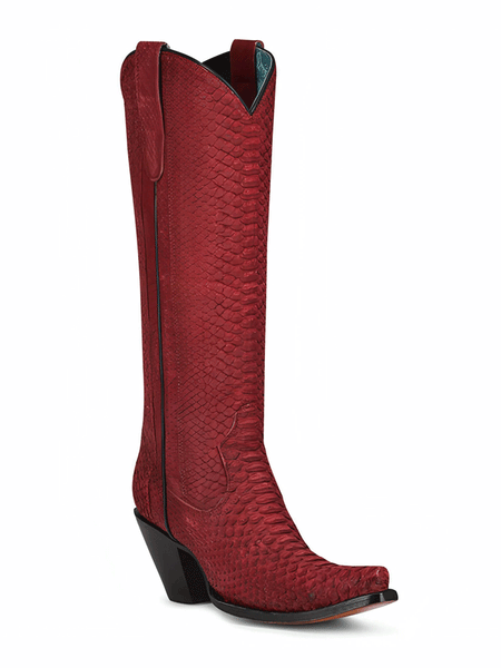 Corral A4194 Ladies Python Tall Top Western Boot Red side and front view. If you need any assistance with this item or the purchase of this item please call us at five six one seven four eight eight eight zero one Monday through Saturday 10:00a.m EST to 8:00 p.m EST