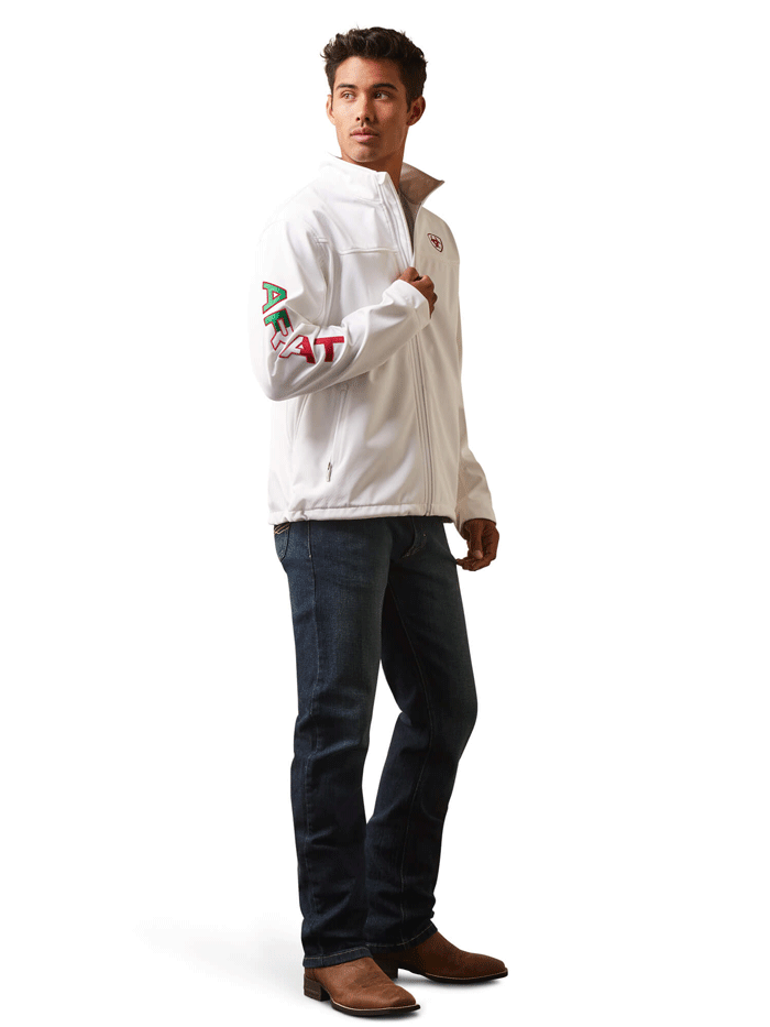 Ariat 10043549 Mens New Team Softshell MEXICO Jacket White front and side view. If you need any assistance with this item or the purchase of this item please call us at five six one seven four eight eight eight zero one Monday through Saturday 10:00a.m EST to 8:00 p.m EST